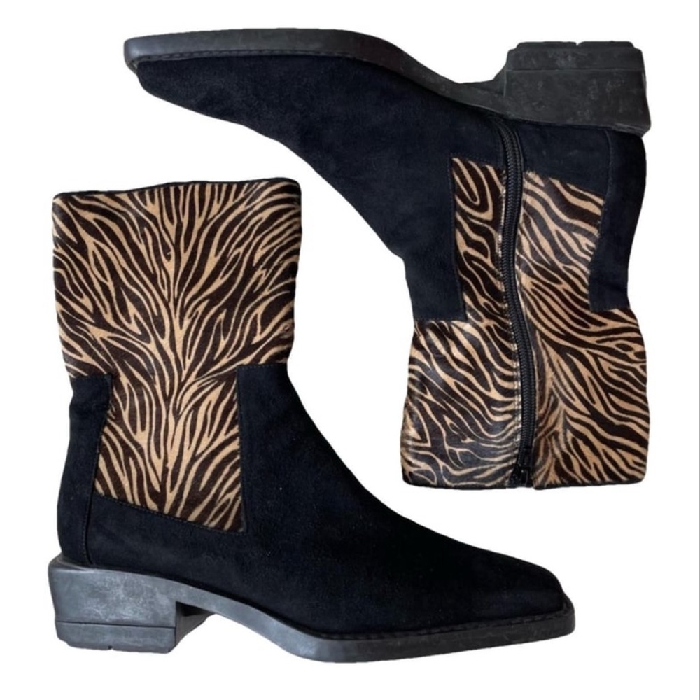 Stuart Weitzman Suede Calf Hair Zebra Print Color Block Mid-Calf Boots EUC 8.5